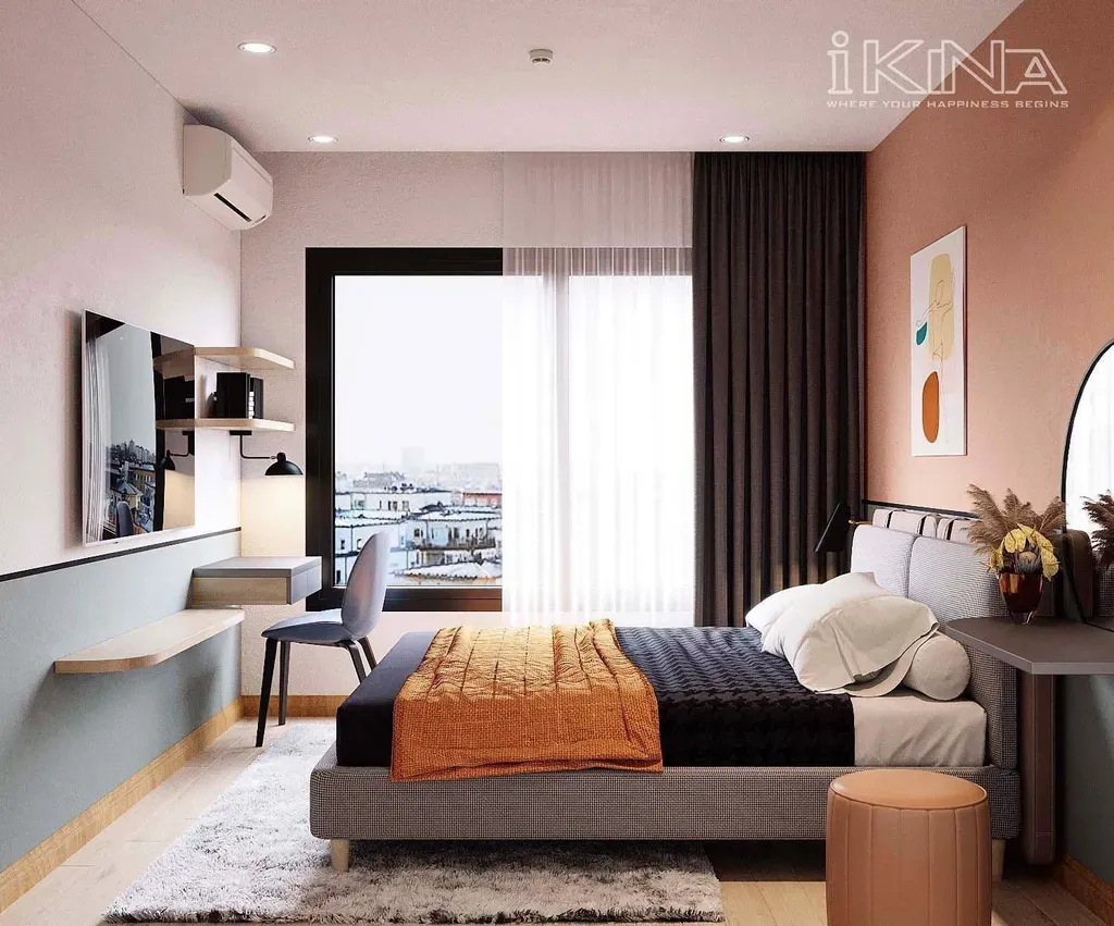 Mẫu thiết kế phòng ngủ chung cư 90m2 phong cách Color Block