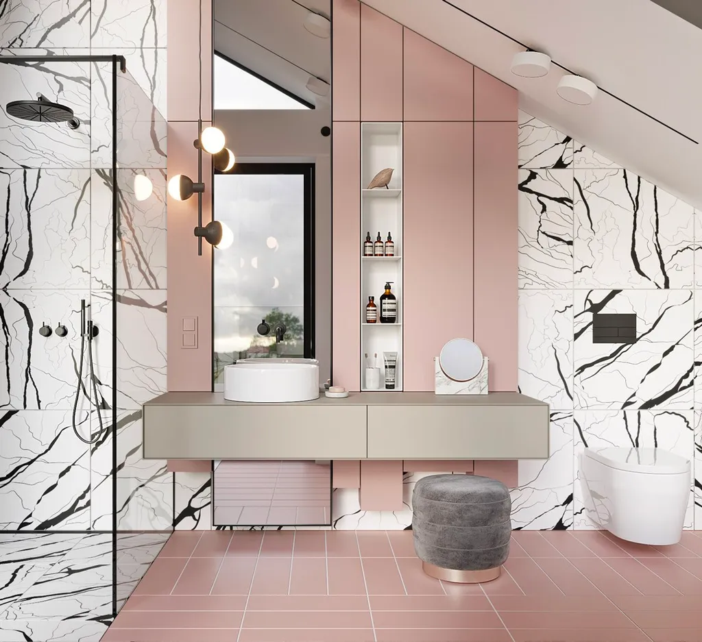 Mẫu thiết kế phòng tắm dành cho các cô nàng yêu làm đẹp, thích màu hồng và sự trẻ trung, sang trọng mà nó mang lại