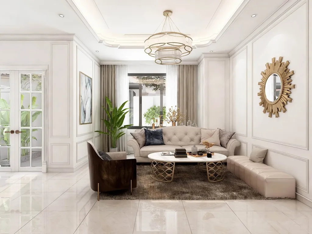 Nội thất trong nhà được thiết kế đơn giản nhưng tinh xảo với chất liệu da cao cấp, gương treo tường vàng ánh kim cùng đèn trần to bản cùng tông, tạo sự hài hoà về mặt thẩm mỹ.