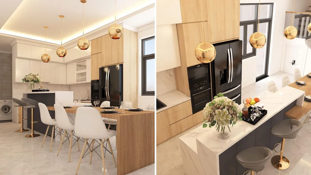 Phòng bếp nhà phố tại Gò Vấp thiết kế hiện đại với chất liệu gỗ, màu chủ đạo trắng
