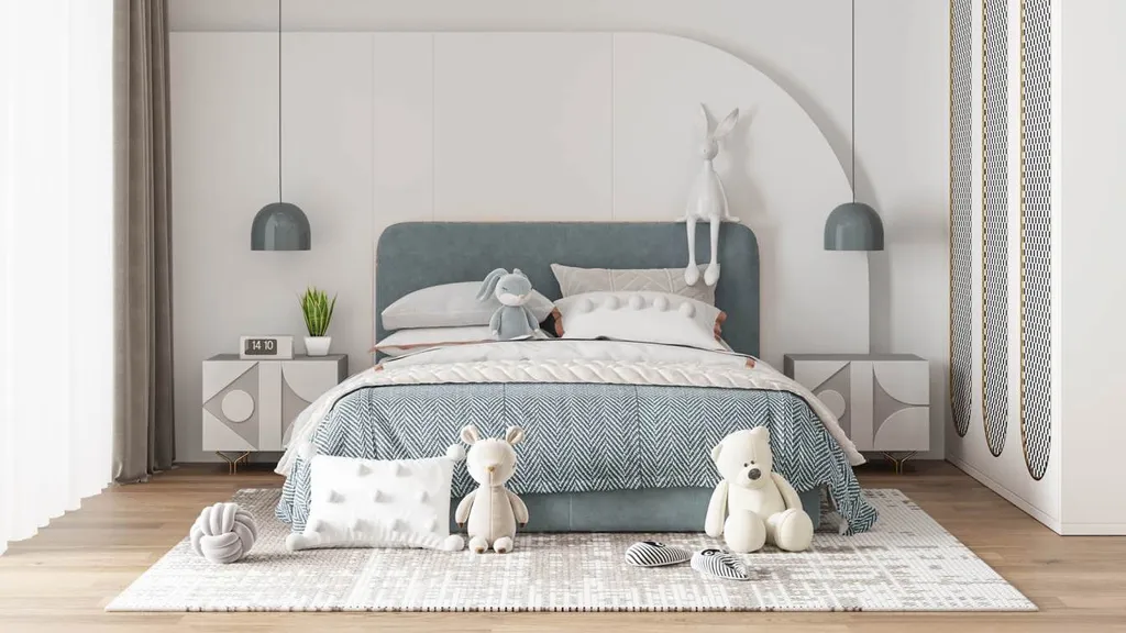 Phòng ngủ cho bé với gam màu xám xanh đơn giản