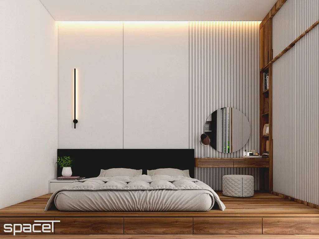 Phòng ngủ chọn tone màu trắng chủ đạo với các chi tiết gỗ nổi bật, cùng đồ nội thất tinh gọn giúp cho không gian trở nên thoải mái và nhã nhặn hơn.