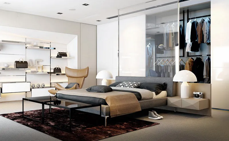 Phòng ngủ đầy đủ tiện nghi với tủ đầu giường nhiều công năng theo phong cách Bauhaus