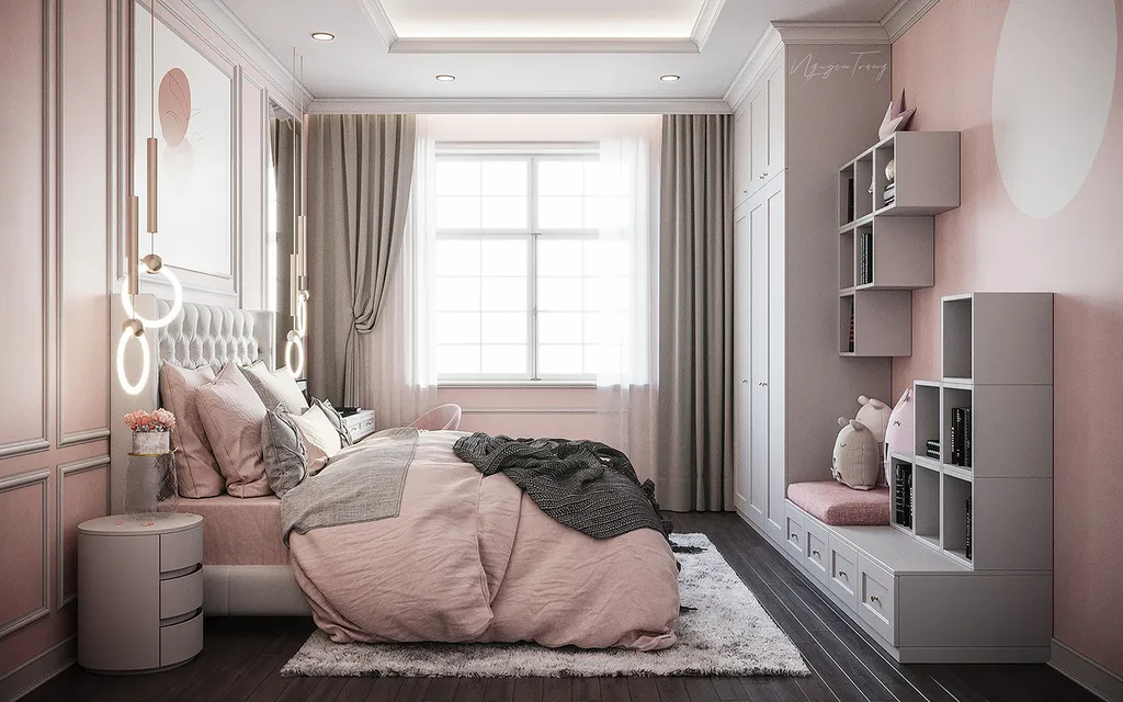 Phòng ngủ được bố trí với tone màu hồng - xám dịu ngọt và nhẹ nhàng