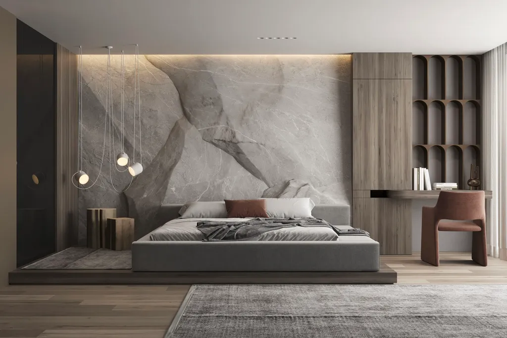 Phòng ngủ master tối giản với thiết kế mang tone màu trắng - xám đặc trưng
