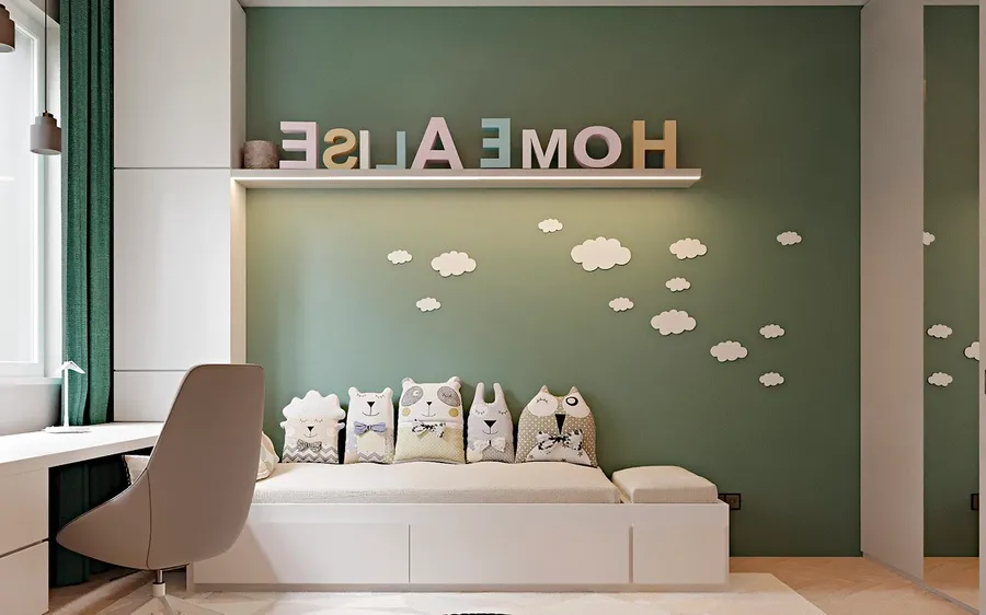 Phòng ngủ màu xanh lá kết hợp cùng các họa tiết nhẹ nhàng, tinh tế