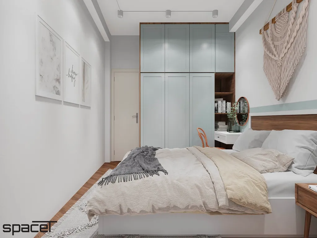 Phòng ngủ phong cách Color Block có sự kết hợp bởi các màu sắc nhẹ nhàng, cùng các món nội thất đơn giản.