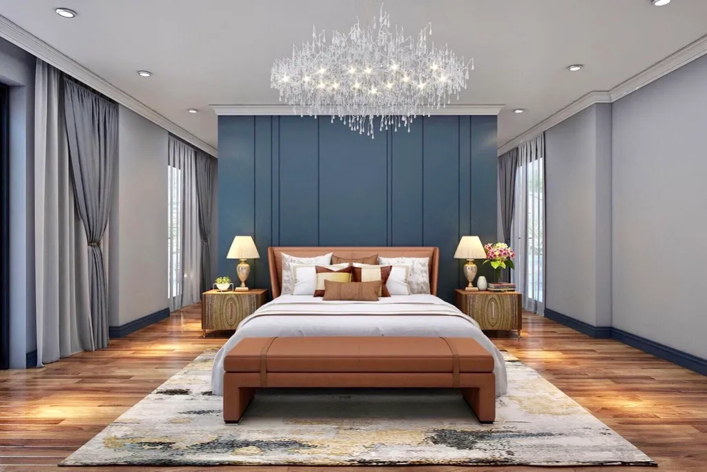 Phòng ngủ phong cách Luxury được bài trí sang trọng, đẳng cấp với đồ nội thất được thiết kế tinh tế, cầu kỳ và vật liệu sử dụng đều là những loại cao cấp nhất