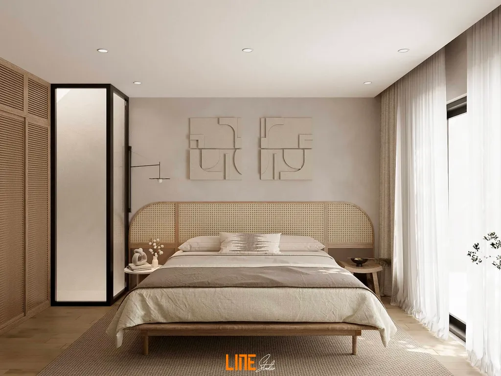 Phòng ngủ phong cách Wabi Sabi kết hợp với Country vô cùng đơn giản mang đến không gian nghỉ ngơi thoải mái và được thư giãn tuyệt đối.