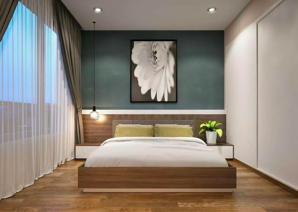 Phòng ngủ với giường ngủ và tủ đầu giường được làm bằng gỗ MFC màu nâu.