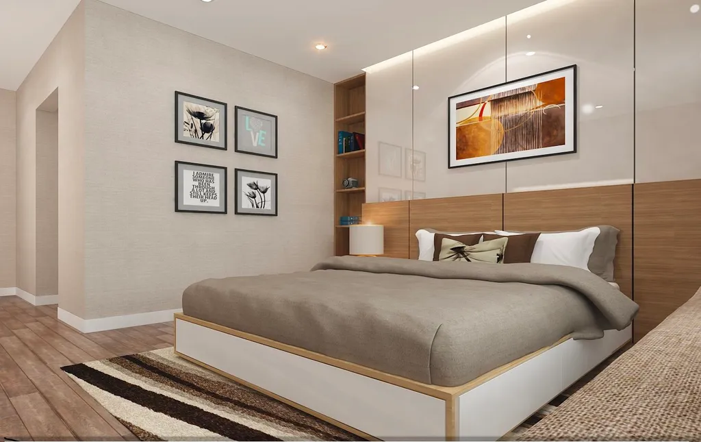 Phòng ngủ với giường ngủ và tủ quần áo được làm bằng gỗ MFC phủ Melamine màu trắng.