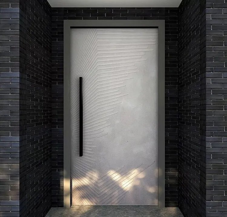 Thiết kế cửa một cánh màu trắng xám nổi bật giữa tường gạch sơn đen 
