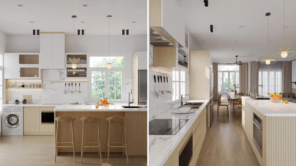 Thiết kế nội thất phòng bếp nhà phố liền kề NovaWorld Phan Thiết phong cách Japandi