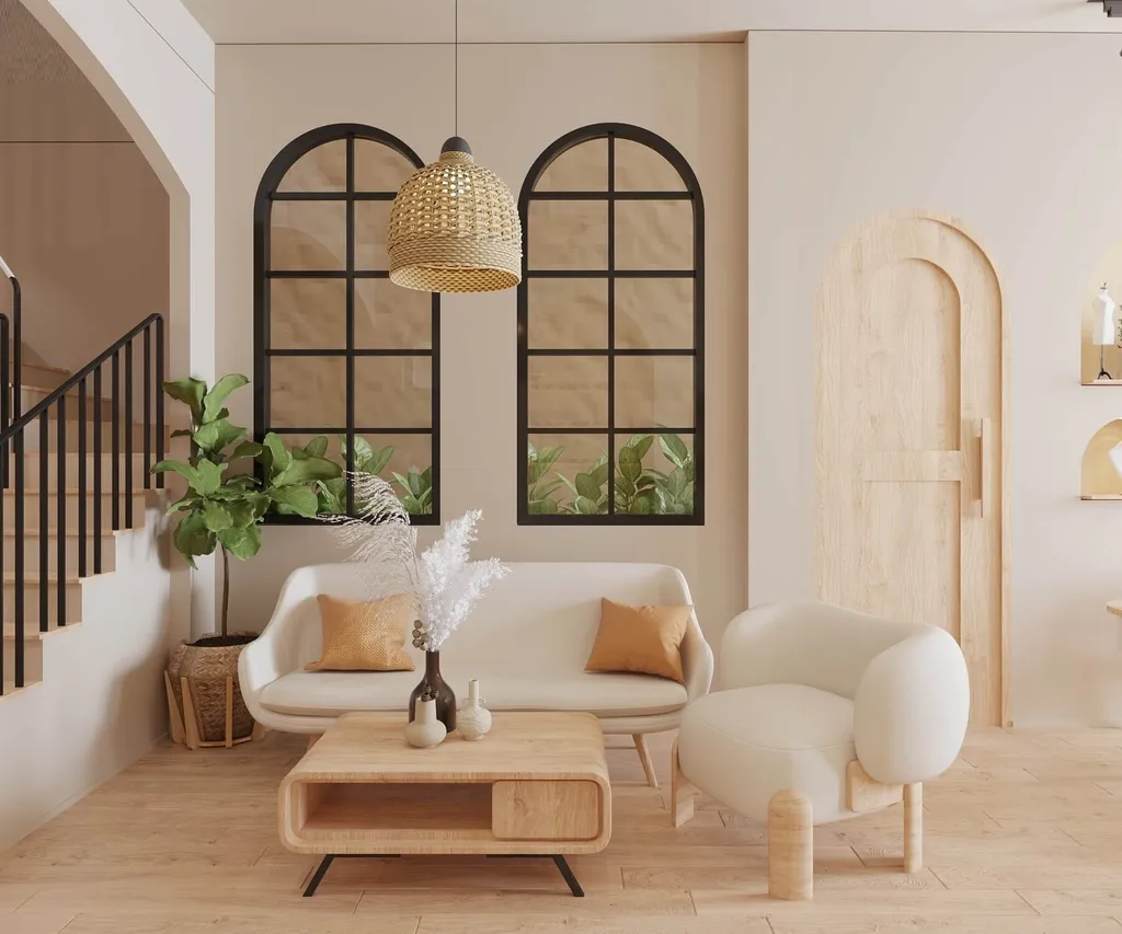 Thiết kế nội thất phòng khách nhà phố kiểu Wabi Sabi