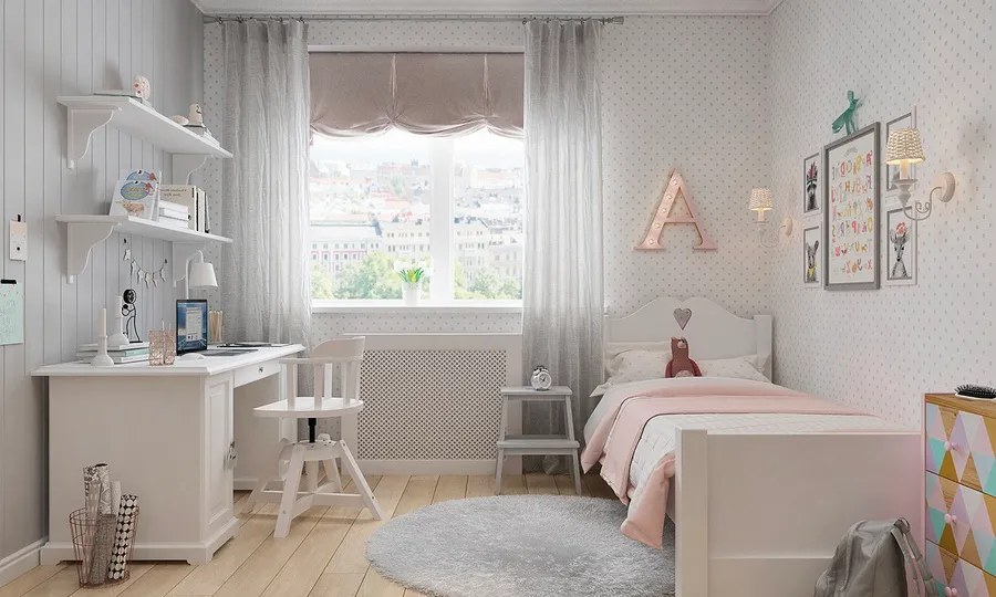 Trang trí phòng ngủ cho bé bằng tranh treo tường và bàn học với tone màu trắng dịu dàng, tinh tế