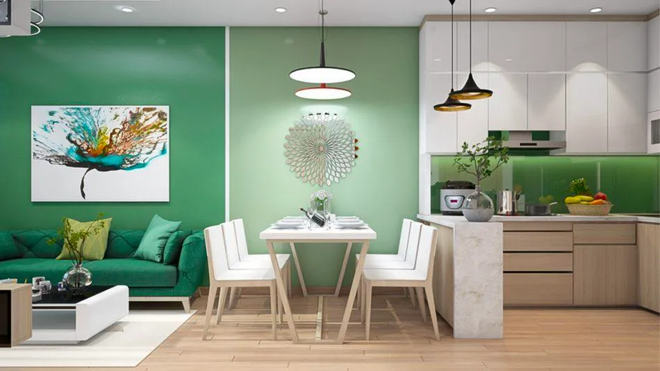 Tường màu xanh lá cây giúp mang lại cảm giác thư giãn và dễ chịu cả cho gia đình