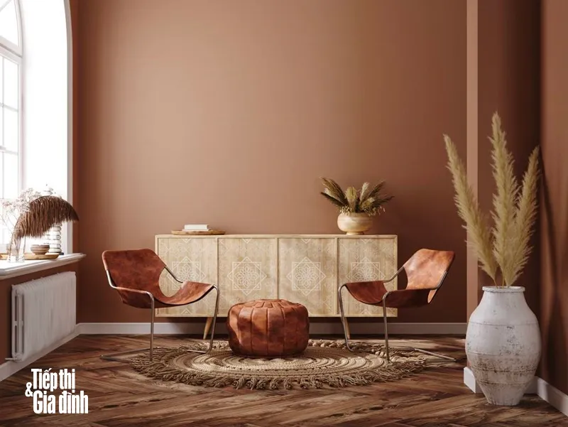 Vẻ đẹp mộc mạc và giản dị của phòng khách màu nâu, tạo nên không gian độc đáo và mới lạ.