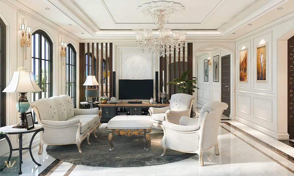 Với kiểu thiết kế nội thất phong cách tân cổ điển này chọn tone trắng là màu chủ đạo tạo cảm giác thanh lịch và trang nhã cho không gian nhà.