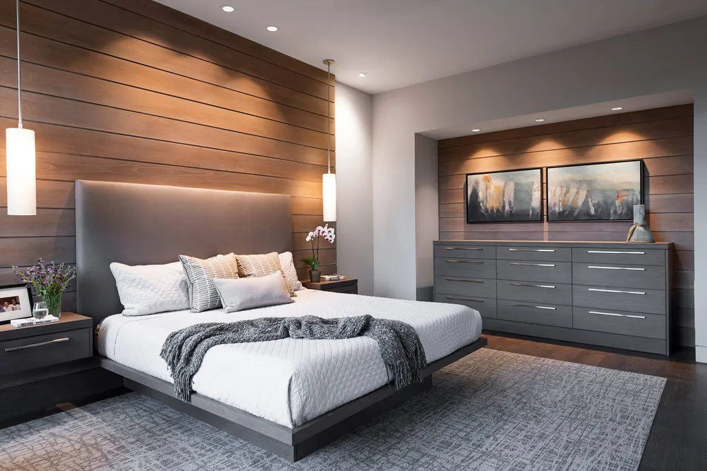 Hai tông màu nâu và xám tạo nên không gian phòng ngủ hiện đại, thanh lịch