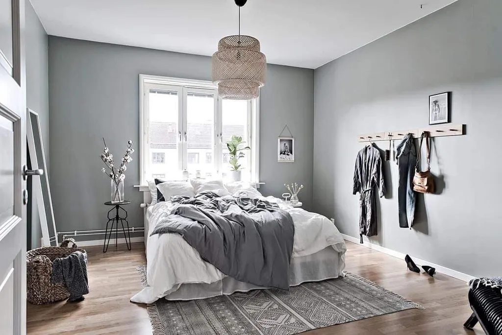 Mẫu phòng ngủ phong cách Scandinavian đơn giản với tông màu xám trung tính mà thanh lịch