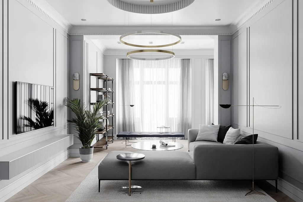 Mẫu thiết kế phòng khách chung cư phong cách Neo Classic với tông màu xám trung tính