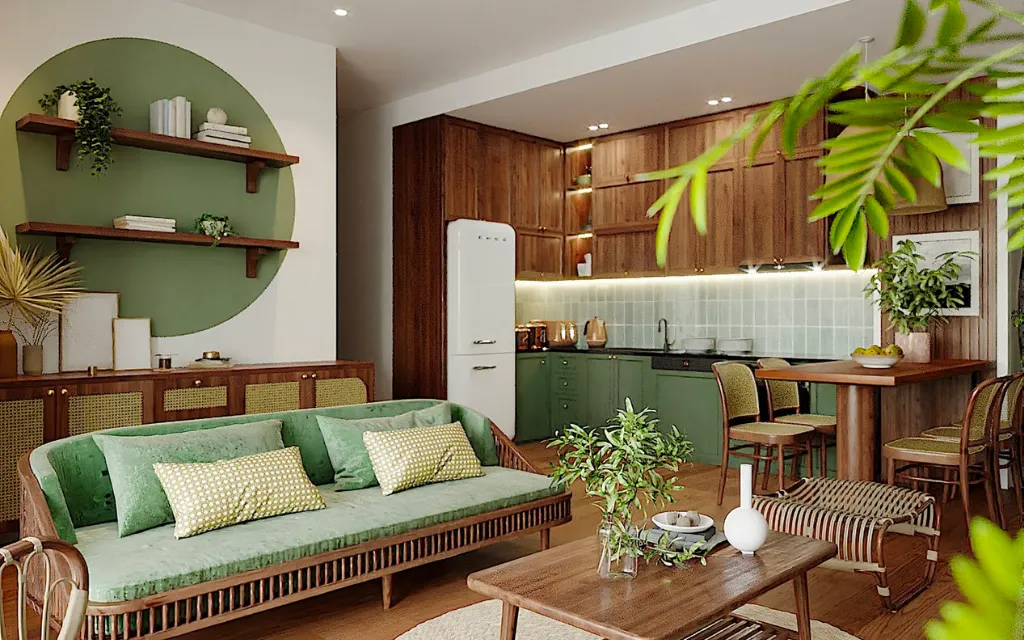Phòng bếp và phòng khách được thiết kế liên thông với nhau phong cách rustic