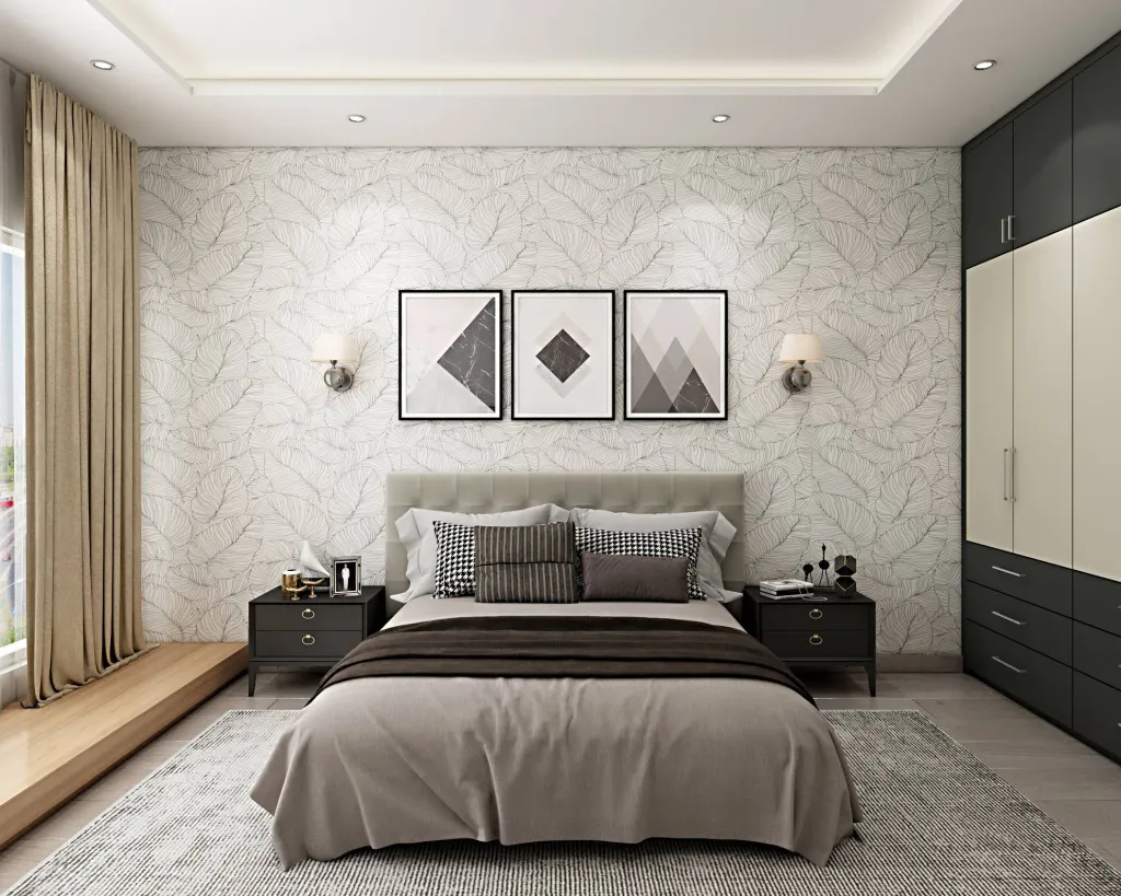 Phòng ngủ phong cách hiện đại mang gam màu xám đơn giản để lại ấn tượng nhờ các yếu tố trang trí trên tường