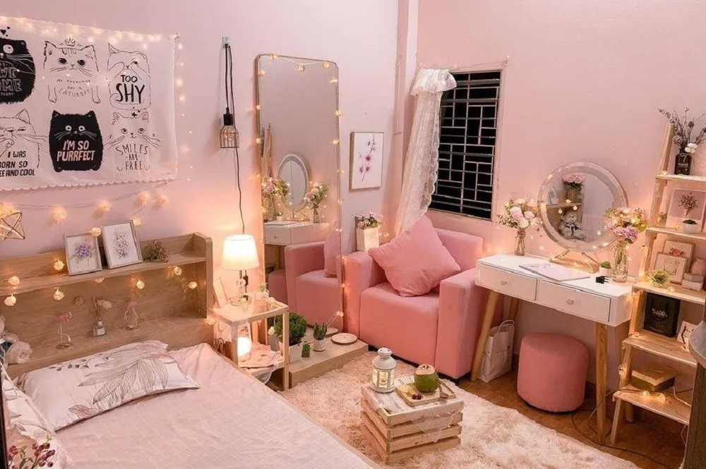 Phòng ngủ tràn ngập màu hồng ngọt ngào cho các bạn nữ