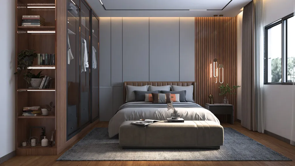 Sự kết hợp của tông màu nâu và xám rất thường xuyên xuất hiện trong các thiết kế phòng ngủ phong cách hiện đại