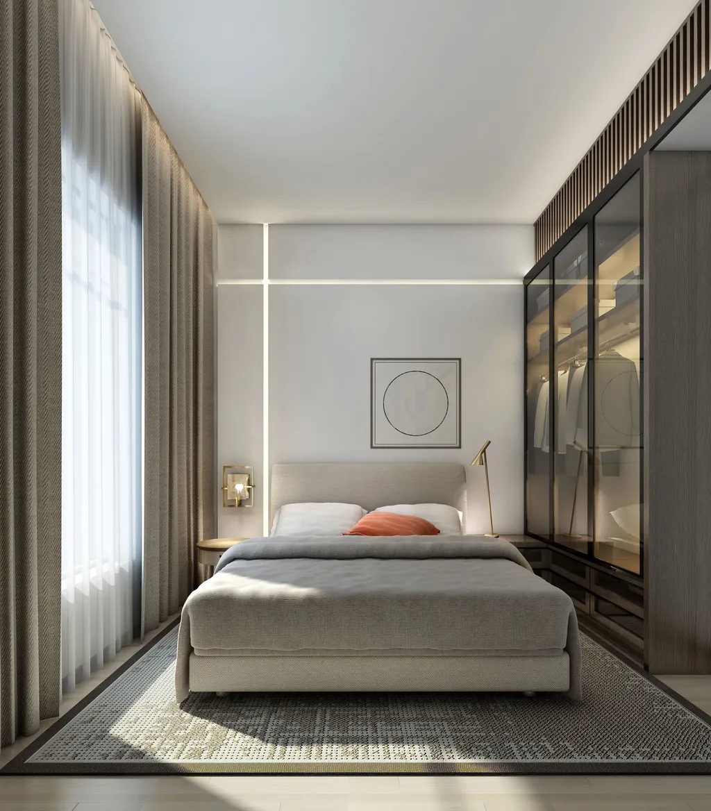 Thiết kế phòng ngủ hiện đại với gam màu xám đơn sắc