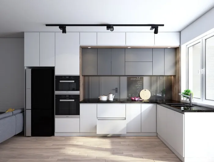 Tủ bếp acrylic màu trắng kết hợp với màu xám và bề mặt bếp đen