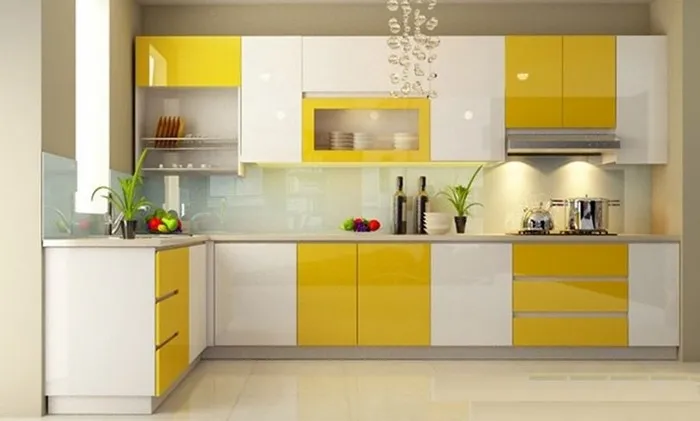 Tủ bếp acrylic màu vàng chanh cho gian bếp tươi mát