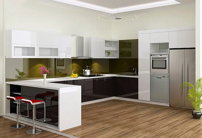 Tủ bếp acrylic trắng phối đen được lắp đặt ở bên trên và dưới
