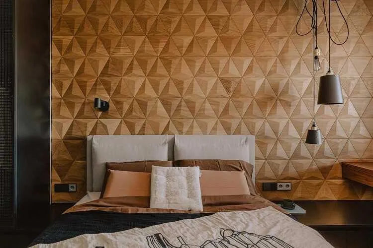 Xốp dán 3D với hoa văn giả gỗ tăng sự ấm cúng và tính thẩm mỹ cho phòng ngủ
