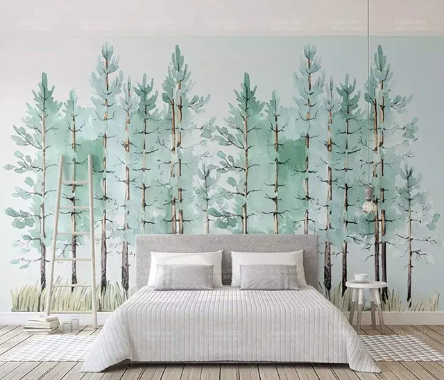 Giấy dán tường Hàn Quốc màu xanh cùng họa tiết cây cối