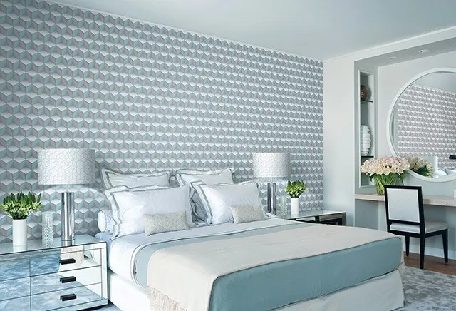 Giấy dán tường phòng ngủ đơn giản với tone xanh