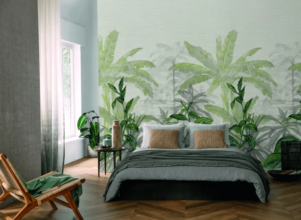 Giấy dán tường phòng ngủ màu xanh họa tiết nhiệt đới