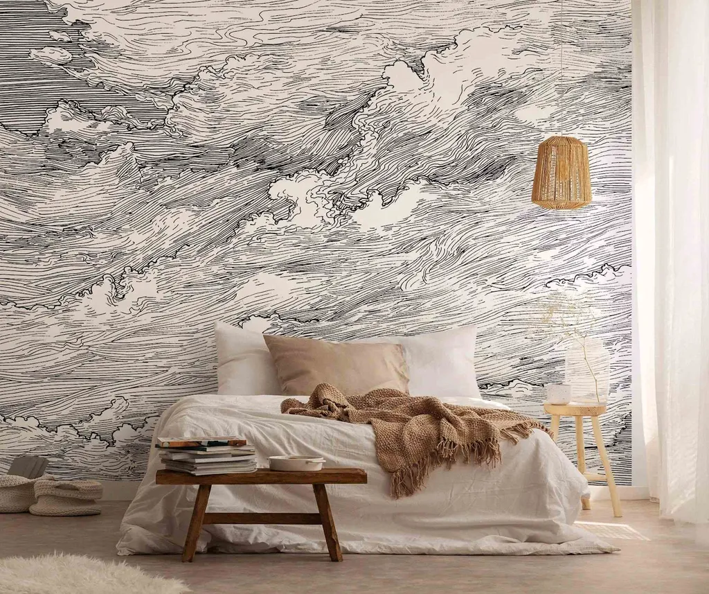 Giấy dán tường phòng ngủ với hoa văn sóng biển độc đáo 