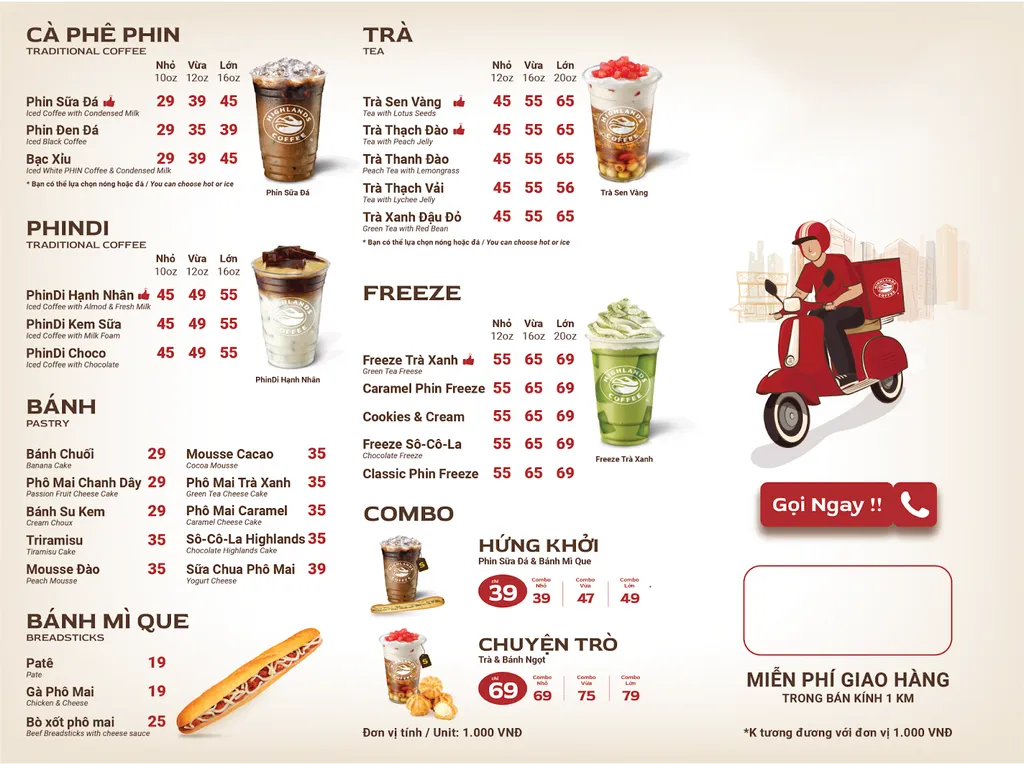 Menu Highlands Coffee cho take-away hoặc đặt hàng online qua app.