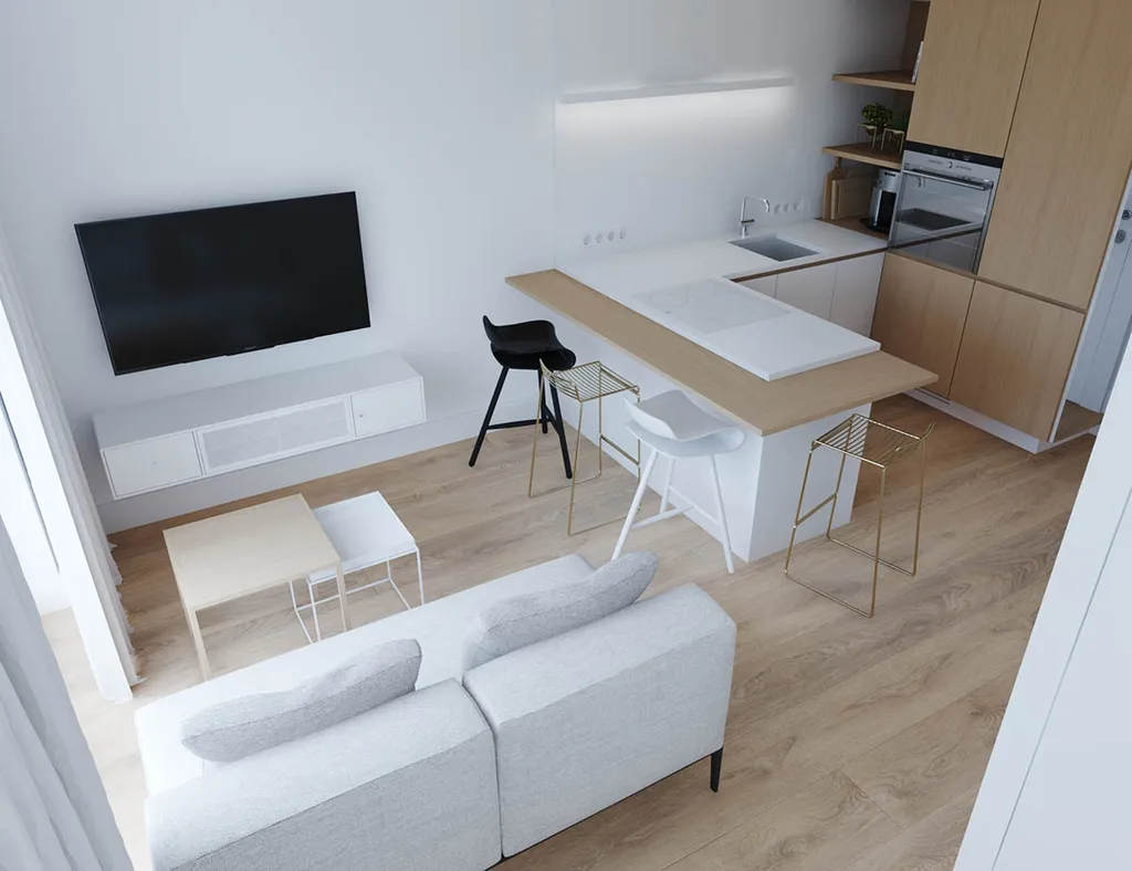 Với những loại hình nhà ở có diện tích hạn chế như căn hộ studio, phong cách hiện đại tối giản sẽ giúp tối đa hóa không gian