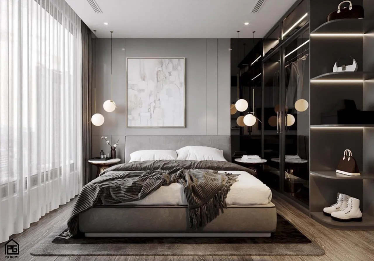Decor phòng ngủ lớn với tone màu trắng - xám đậm vô cùng sang trọng. Đây cũng là màu sắc giữ được sự hiện đại theo thời gian lâu nhất