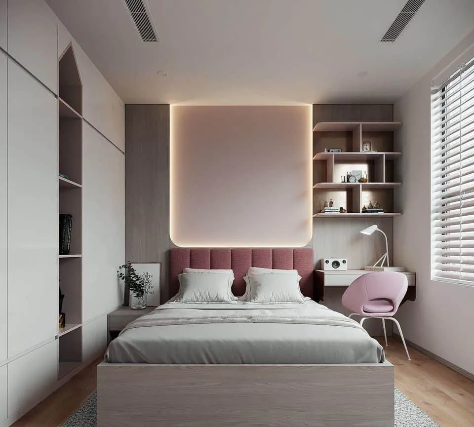Phòng ngủ không gian nhỏ với những món đồ nội thất đơn giản và những món đồ trang trí nhẹ nhàng sẽ khiến căn phòng trở nên gọn gàng và tiện nghi hơn