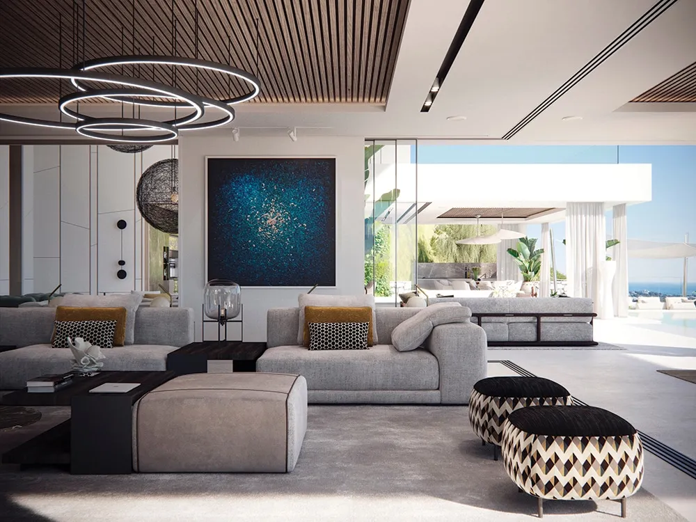 Ý tưởng thiết kế phòng khách tối giản hiện đại trong không gian biệt thự kiểu mở