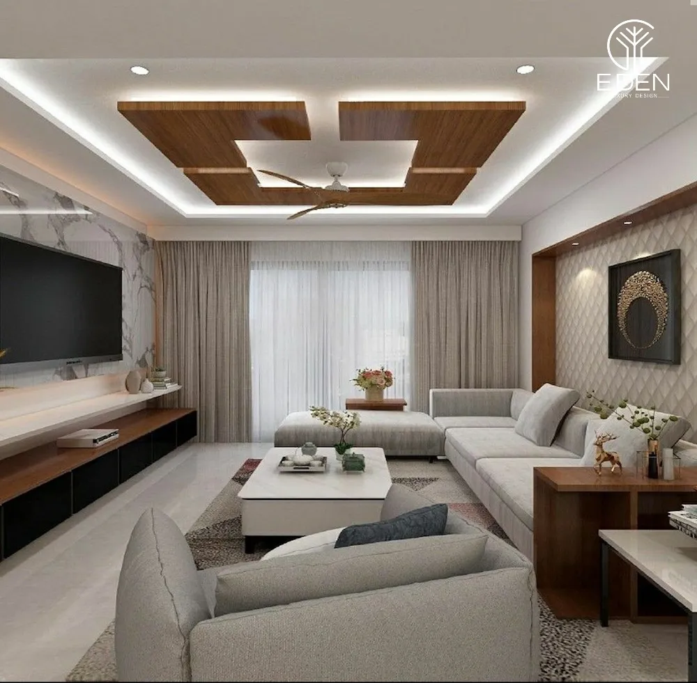 Mẫu trần thạch cao phòng khách chung cư kiểu giật cấp kết hợp gỗ cực kỳ ấn tượng