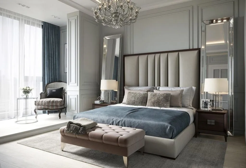 Thiết kế phòng ngủ master phong cách tân cổ điển với cách kết hợp màu sắc nhã nhặn.