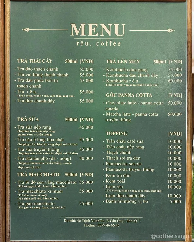 Hình ảnh menu đa dạng của Rêu Cafe