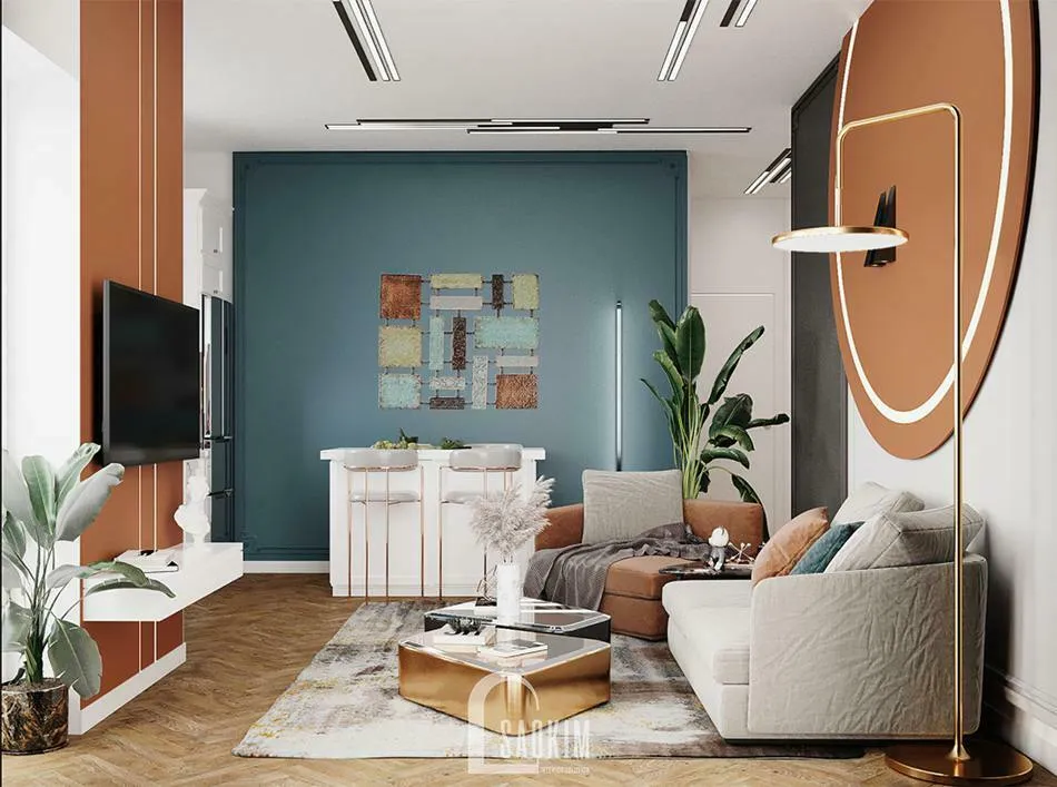 Mẫu thiết kế nội thất chung cư 45m2 1 phòng ngủ phong cách hiện đại kết hợp khối màu độc đáo