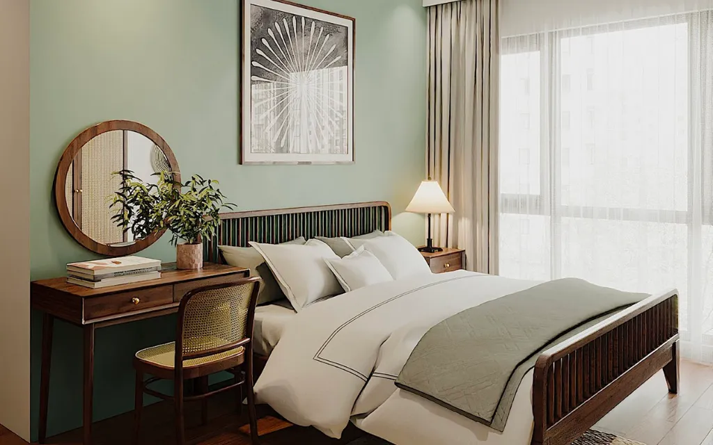 Phòng ngủ được thiết kế theo phong cách Rustic mộc mạc với chất liệu gỗ chủ đạo, kết hợp với tone màu xanh nhạt và trắng tạo nên một không gian vô cùng thoáng đãng