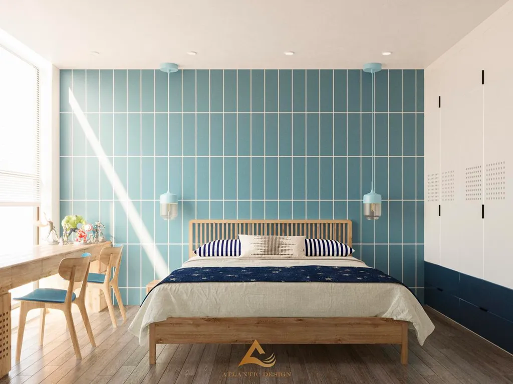 Phòng ngủ nhỏ với tông màu xanh tươi mát
