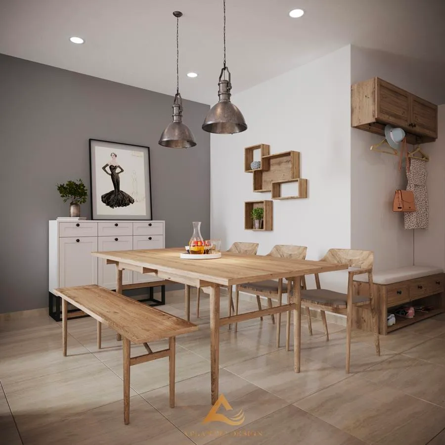 Với bàn ghế được làm từ gỗ tự nhiên có kiểu dáng đơn giản giúp cho không gian bếp trở nên gần gũi hơn bao giờ hết